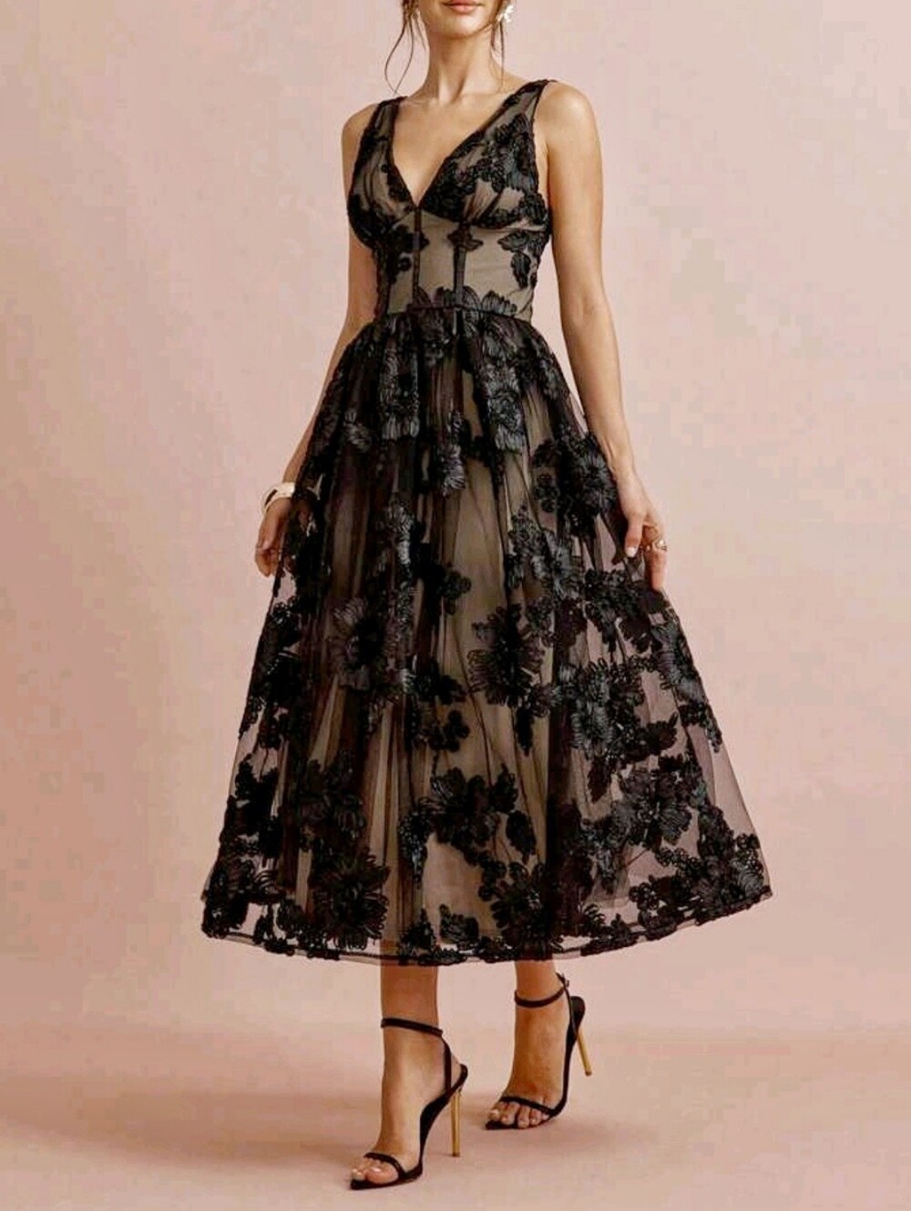 New Luxe Floral Embroidered Applique Full Midi Dress Black Sleeveless - Picture 4 of 14
